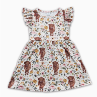 Toddler Flutter Sleeves Highland Cow Floral Girls Western Dresses
