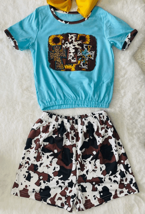 Infant: Cross Printed Blue T-Shirt W/Cow Shorts Set