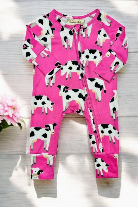 Infant: Pink Cow Printed Long Sleeve Infant Romper