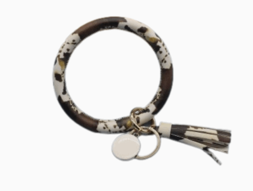Brown Cowhide Bangle Bracelet Keyring with Tassel