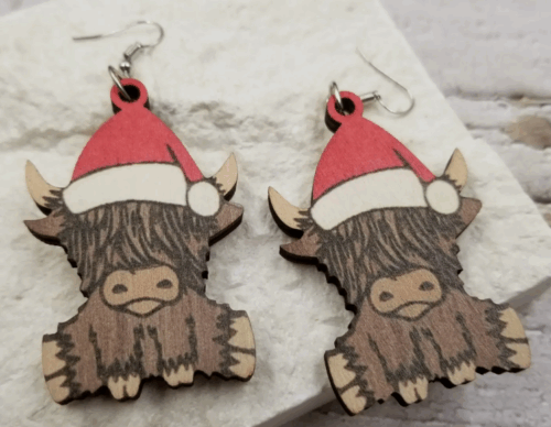 Wood Christmas Highland Cow Earrings