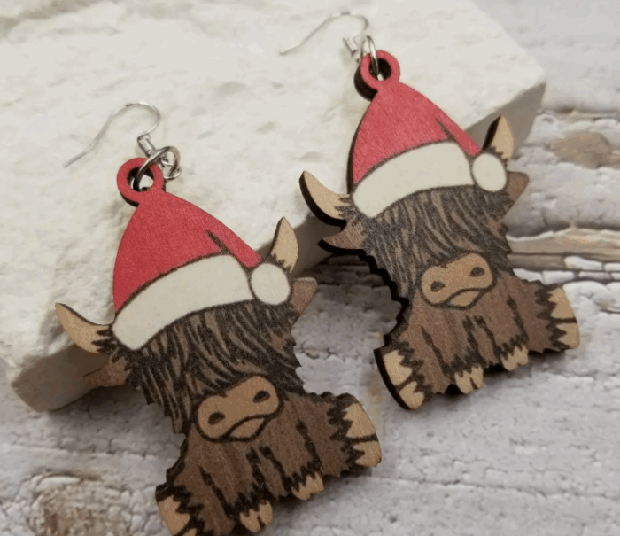 Wood Christmas Highland Cow Earrings - Image 2