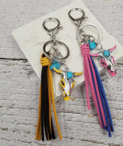 Western Bull Turquoise Tassel Keychain