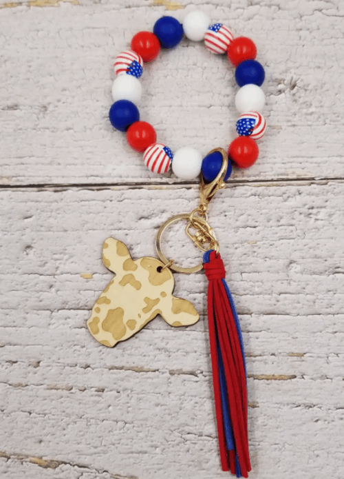 4th of July Cow & Wood Bangle Keychain Tassels Bracelet