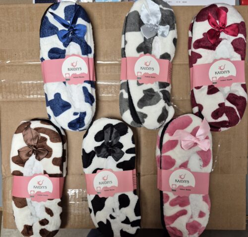 Cow Print Fuzzy Sherpa Fleece Lounge Sock Slippers