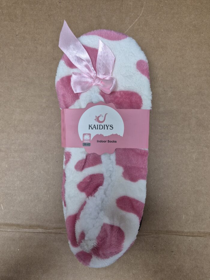 Cow Print Fuzzy Sherpa Fleece Lounge Sock Slippers - Image 2