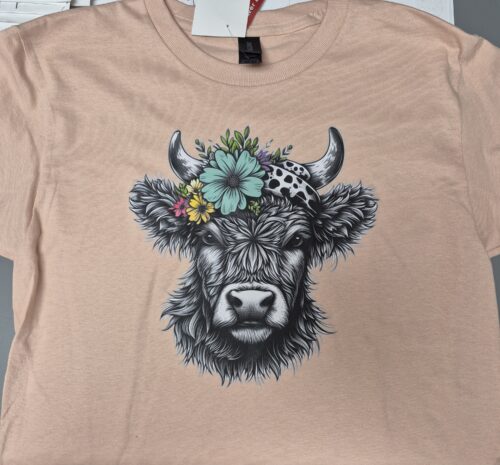 Youth: Highland Cow with Headband Peach T-Shirt