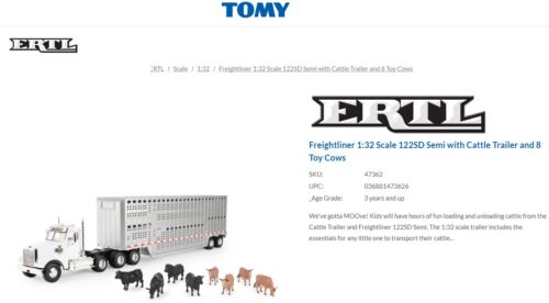 Tommy: Freightliner 1:32 Scale 122SD Semi with Cattle Trailer and 8 Toy Cows